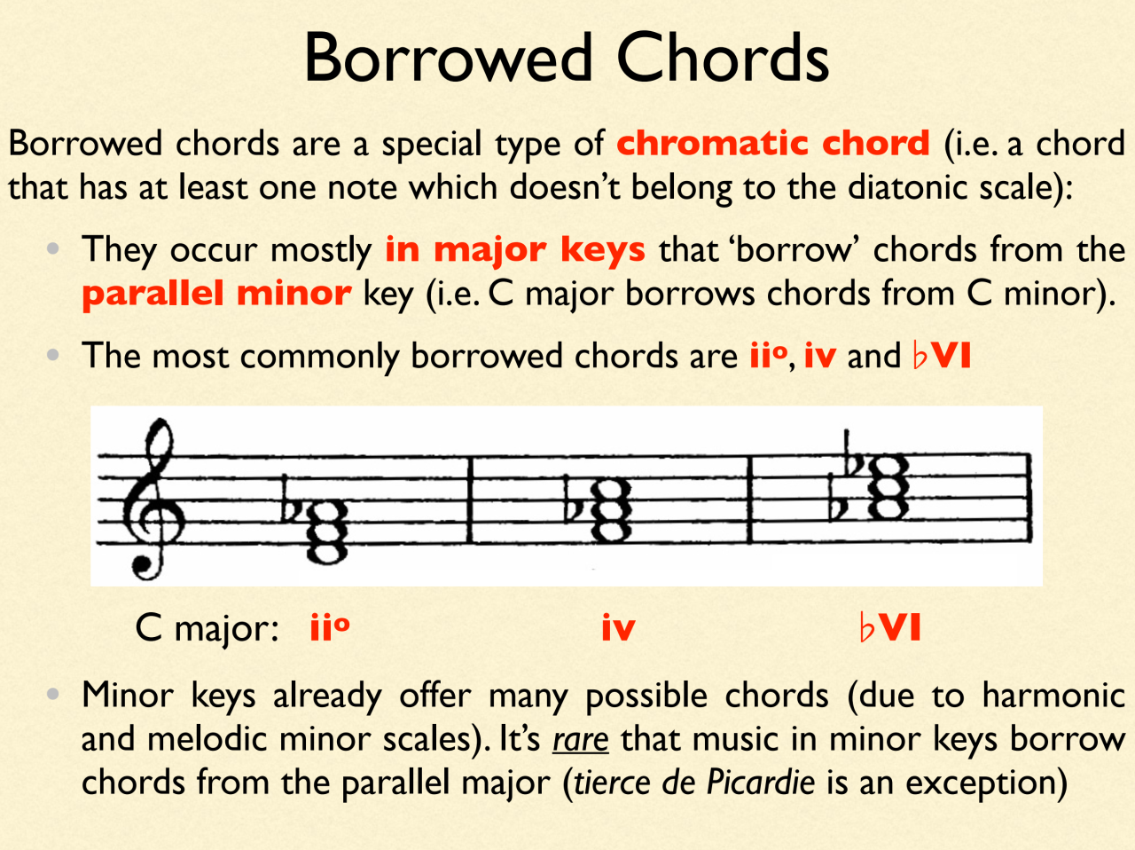 Borrowed chords explained in music theory with examples of ii diminished, iv minor and flat VI in C major